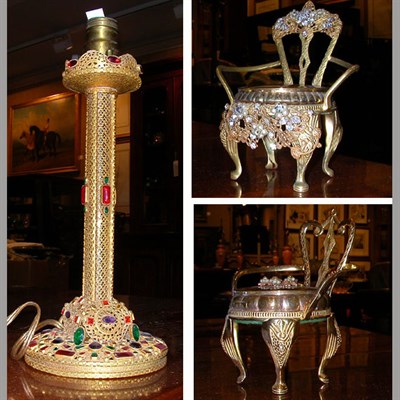Lot 207 - Continental 'Jeweled' Gilt-Metal Lamp Together...