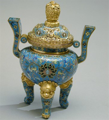 Lot 640 - Chinese Blue Ground Cloisonne Ding and Cover...