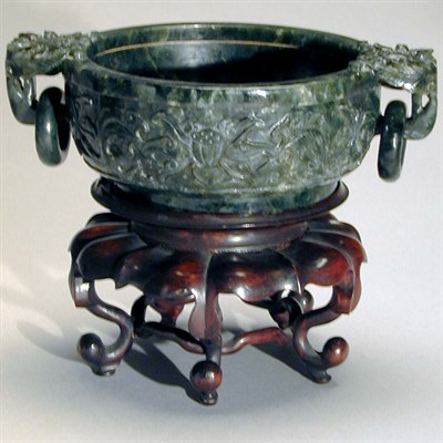 Lot 348 - Chinese Dark Green Nephrite Basin with Ring...