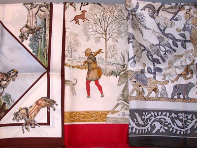 Lot 292 - Group of Three Hermes Scarves Silk twill, the...