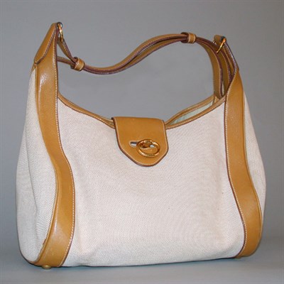 Lot 497 - Hermes Toile and Tan Leather Shoulder Bag Soft,...
