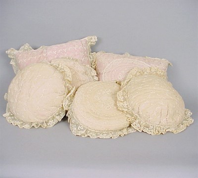Lot 573 - Group of Lace Boudoir Pillows Each pink silk...