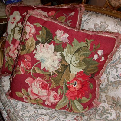 Lot 407 - Two Aubusson Pillows With floral designs,...