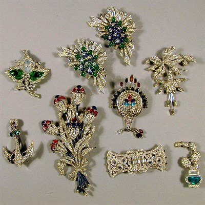 Lot 425 - Group of Nine Rhinestone Pins Various themes,...