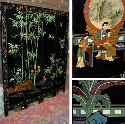 Lot 293 - Chinese Black Lacquered Four-Panel Screen