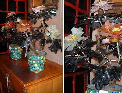 Lot 198 - Pair of Cloisonne and Hardstone Floral Groups