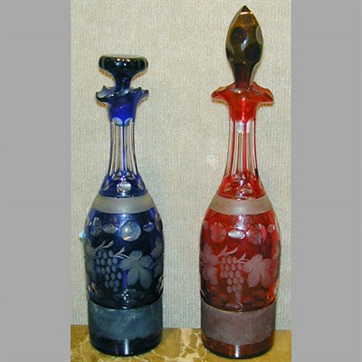 Lot 213 - Two Ruby or Cobalt Cut to Clear Glass Decanters