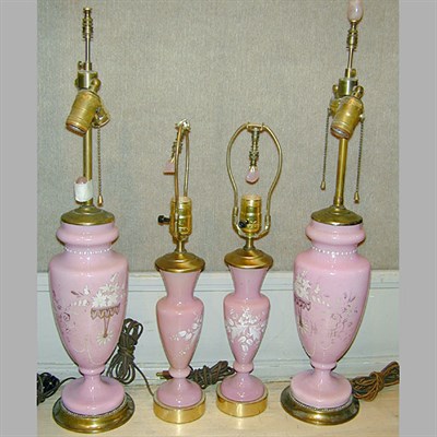 Lot 238 - Two Pairs of Enamel Decorated Opaline Glass Lamps
