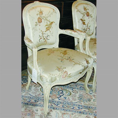 Lot 459 - Pair of Louis XV Style Painted and Upholstered...