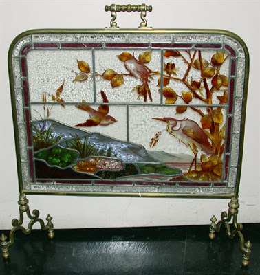 Lot 436 - Victorian Brass and Stained Glass Fire Screen...