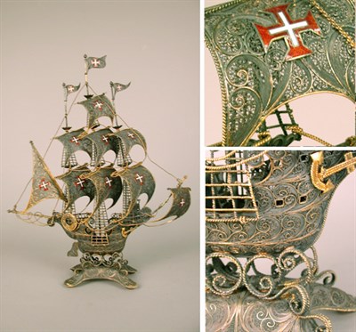 Lot 280 - Portuguese Silver Nef In filigree wire, the...