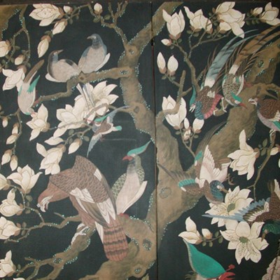 Lot 528 - Japanese Style Painted Canvas Four-Panel Screen