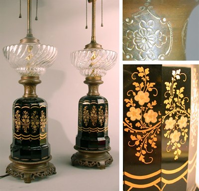 Lot 380 - Pair of Gilt Decorated Oil Lamps Electrified.