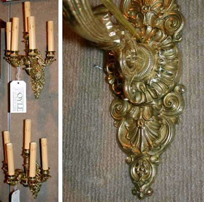 Lot 483 - Pair of Baroque Style Brass Five-Light Sconces