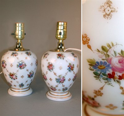 Lot 305 - Pair of Floral Decorated Opaline Glass Lamps