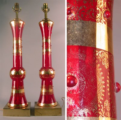 Lot 552 - Pair of Gilt Decorated Ruby Glass Lamps