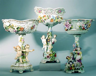 Lot 731 - Set of Three Dresden Porcelain Bowls on Stands...