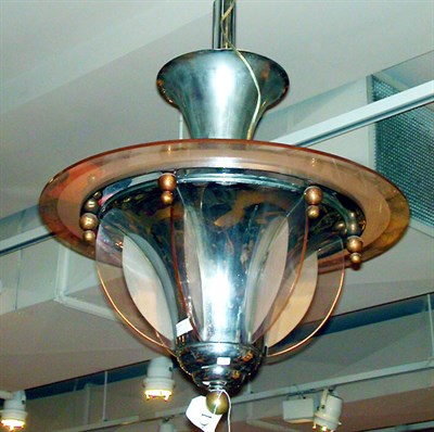Lot 290 - Art Deco Chrome and Glass Chandelier Of turned...