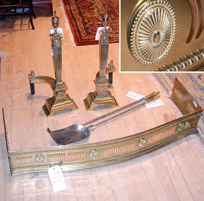 Lot 438 - Neoclassical Style Brass Fender, Andirons and...