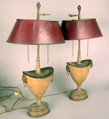 Lot 537 - Pair of Regency Style Tole Painted Urn-Form Lamps
