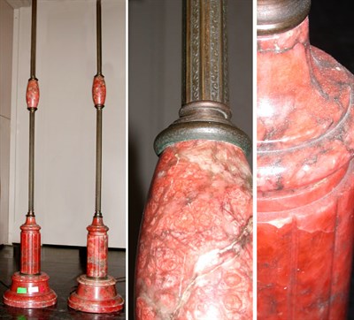 Lot 531 - Pair of Alabaster and Patinated-Metal Floor Lamps