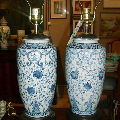 Lot 241 - Pair of Continental Faience Urns Each mounted...