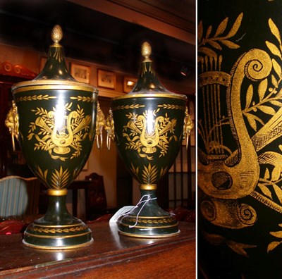 Lot 353 - Pair of Regency Style Tole Painted Urns