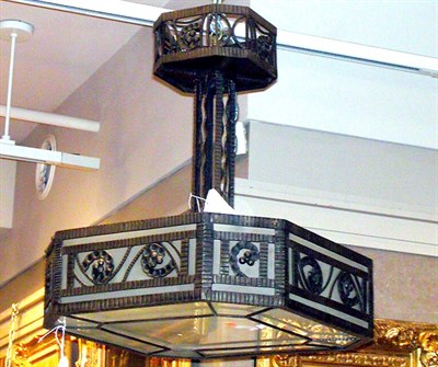 Lot 291 - Art Deco Wrought Iron and Glass Four-Light...