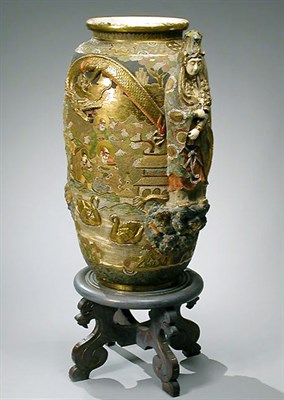 Lot 420 - Monumental Satsuma Pottery Vase Of cylindrical...