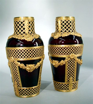Lot 337 - Pair of Brass Mounted Glass Vases Each of...