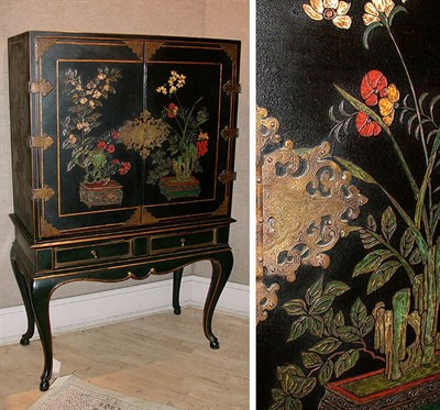 Lot 369 - Georgian Style Black Lacquered Floral...