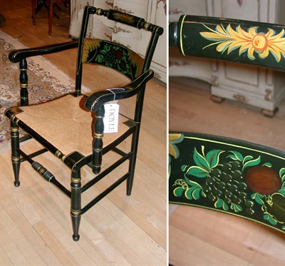 Lot 382 - Stenciled Decorated Rush Seat Armchair...