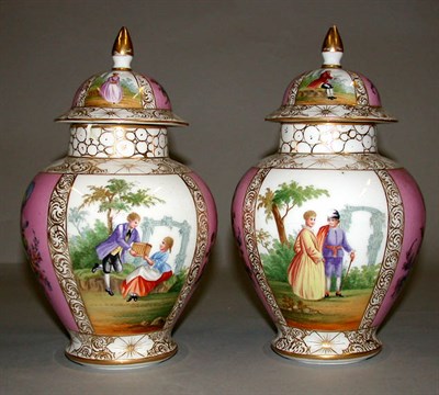 Lot 589 - Pair of Dresden Gilt Decorated Pink Glazed...