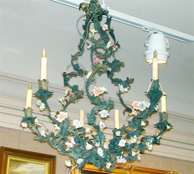 Lot 299 - Tole and Porcelain Six-Light Chandelier The...