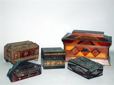 Lot 305 - Group of Three Tramp Art Boxes and Two Inlaid...