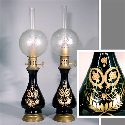 Lot 444 - Pair of French Enamel Decorated Glass Oil Lamps