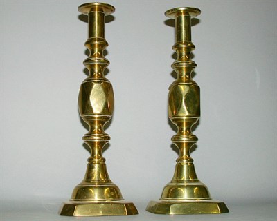 Lot 233 - Pair of Brass Candlesticks Each standard with...