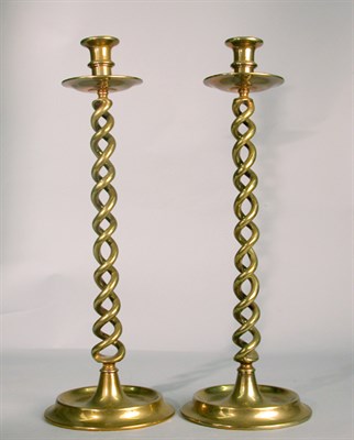 Lot 582 - Pair of Brass Barley Twist Candlesticks