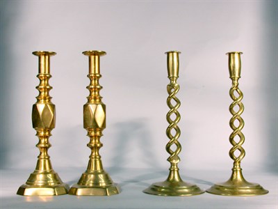 Lot 649 - Two Pairs of Victorian Brass Candlesticks