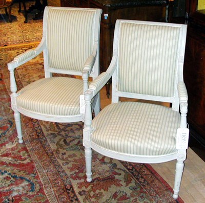 Lot 653 - Pair of Directoire Gray Painted Fauteuils...