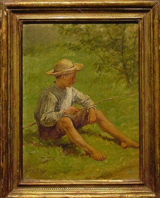 Lot 21 - Hugh Newell 1830-1915 BOY FISHING Signed and...