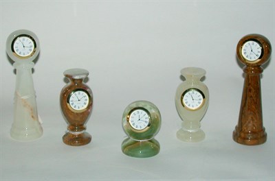 Lot 61 - Group of Five Carved Hardstone Desk Clocks...