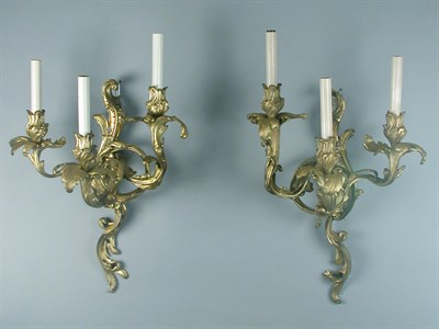 Lot 90 - Pair of Louis XV Style Gilt-Bronze Three-Light...
