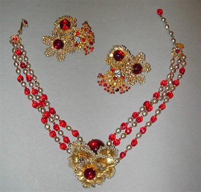 Lot 387 - Miriam Haskell Red and Pearl Cluster Set 1950s...