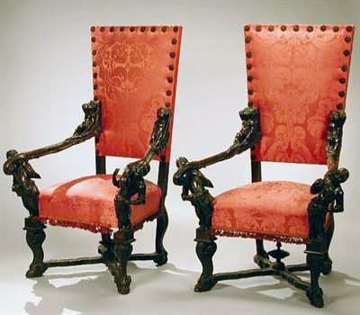 Lot 381 - Pair of Baroque Style Carved Oak Armchairs The...