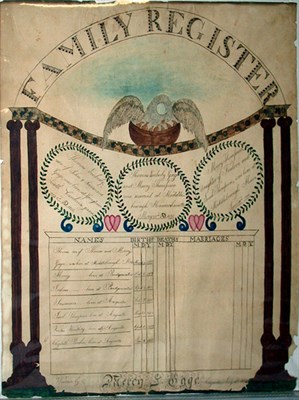 Lot 414 - Watercolor Family Register Mercy Gage, 1820 19...