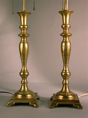 Lot 418 - Pair of Victorian Brass Candlesticks Electrified.