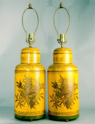 Lot 704 - Pair of Regency Style Tole Painted Canister Lamps