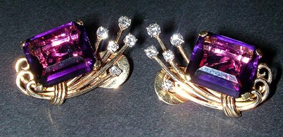 Lot 303 - Pair of Retro Amethyst and Diamond Earrings...