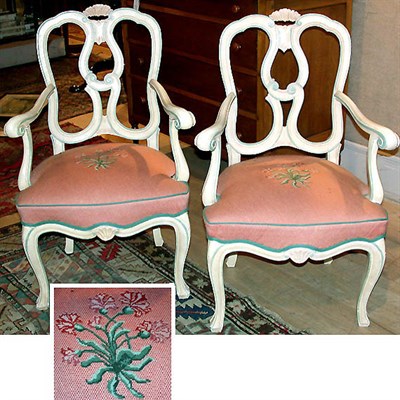 Lot 636 - Pair of Italian Rococo Style Painted Armchairs